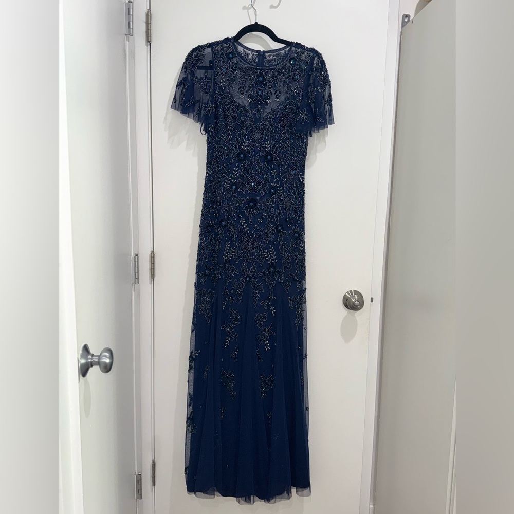 Aidan Mattox Navy Beaded Tulle Maxi Dress
